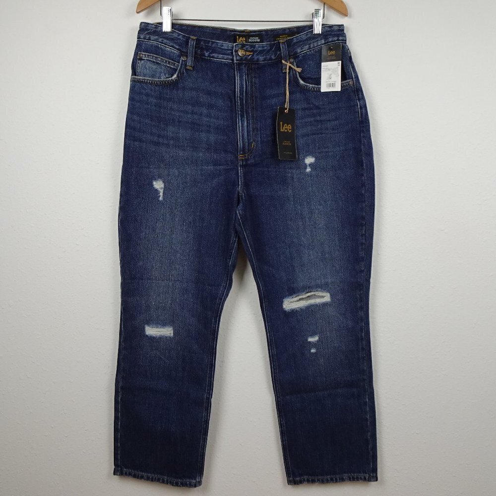 Lee Straight Leg Jeans Women's Size 33 Blue Denim Distressed High Rise Ankle